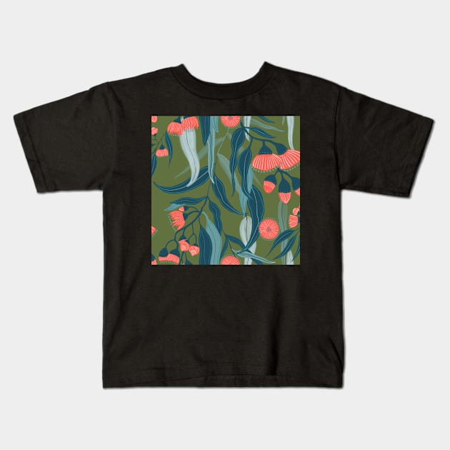 Eucalyptus flowers in pink and green Kids T-Shirt by Papergrape